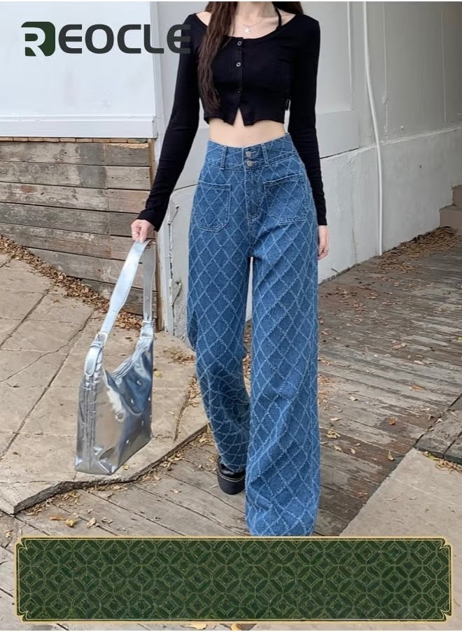 REOCLE Wide Leg Jeans for Women Luxury Trendy High Waisted Trousers with Retro Checkered Pattern and Metal Button Stretchy Denim Pants for Travel Date Party - Image 1