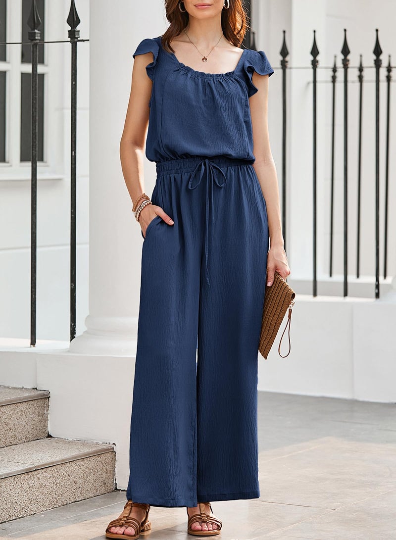 Dokotoo Jumpsuits for Women 2026 Fall Ruffle Sleeves Square Neck Rompers Drawstring High Waisted Wide Leg Pants Dressy Resort Wear 2026 with Pockets for Party,Navy Medium - Image 3