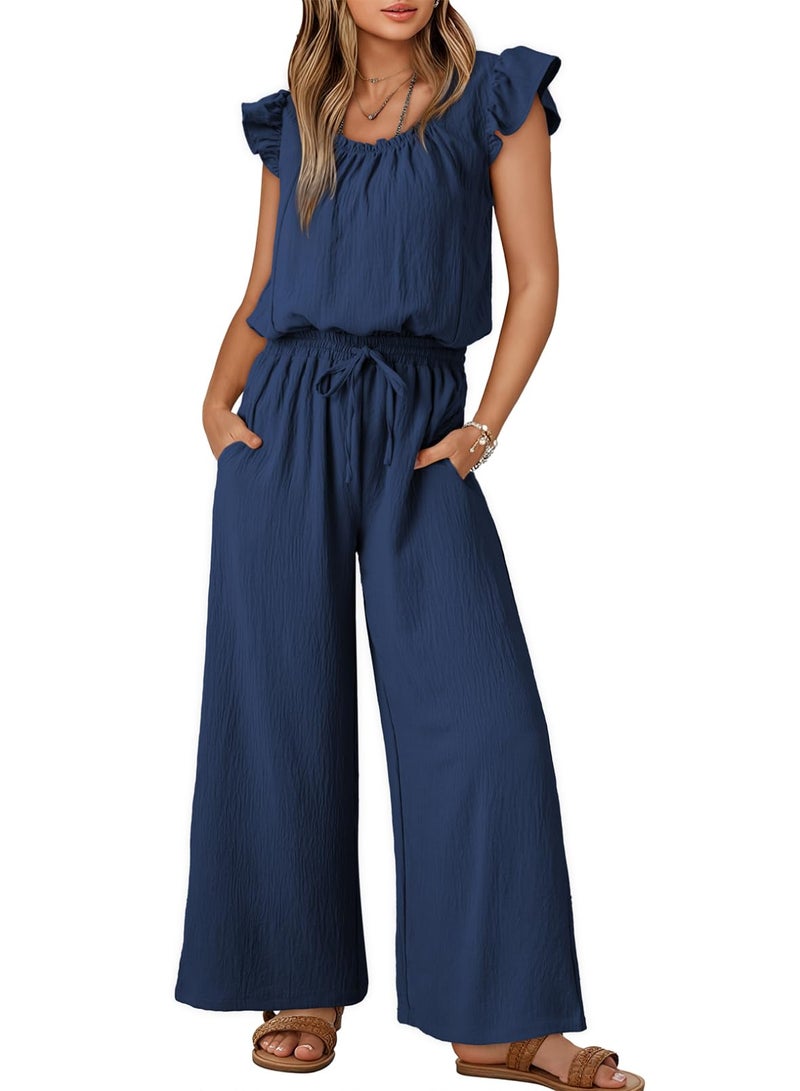 Dokotoo Jumpsuits for Women 2026 Fall Ruffle Sleeves Square Neck Rompers Drawstring High Waisted Wide Leg Pants Dressy Resort Wear 2026 with Pockets for Party,Navy Medium - Image 1