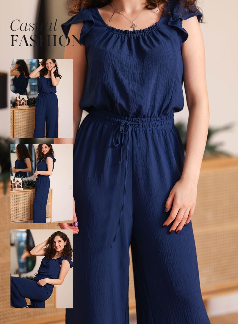 Dokotoo Jumpsuits for Women 2026 Fall Ruffle Sleeves Square Neck Rompers Drawstring High Waisted Wide Leg Pants Dressy Resort Wear 2026 with Pockets for Party,Navy Medium - Image 5