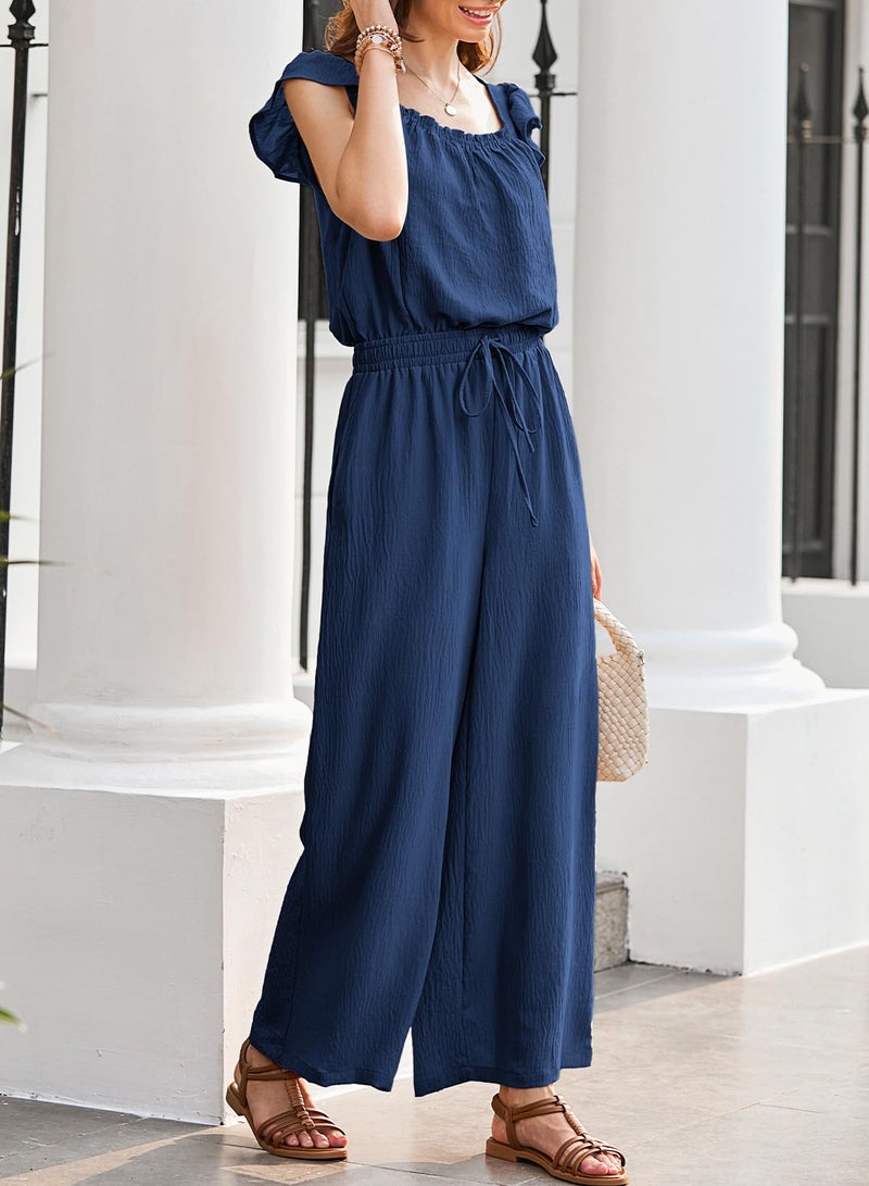 Dokotoo Jumpsuits for Women 2026 Fall Ruffle Sleeves Square Neck Rompers Drawstring High Waisted Wide Leg Pants Dressy Resort Wear 2026 with Pockets for Party,Navy Medium - Image 4