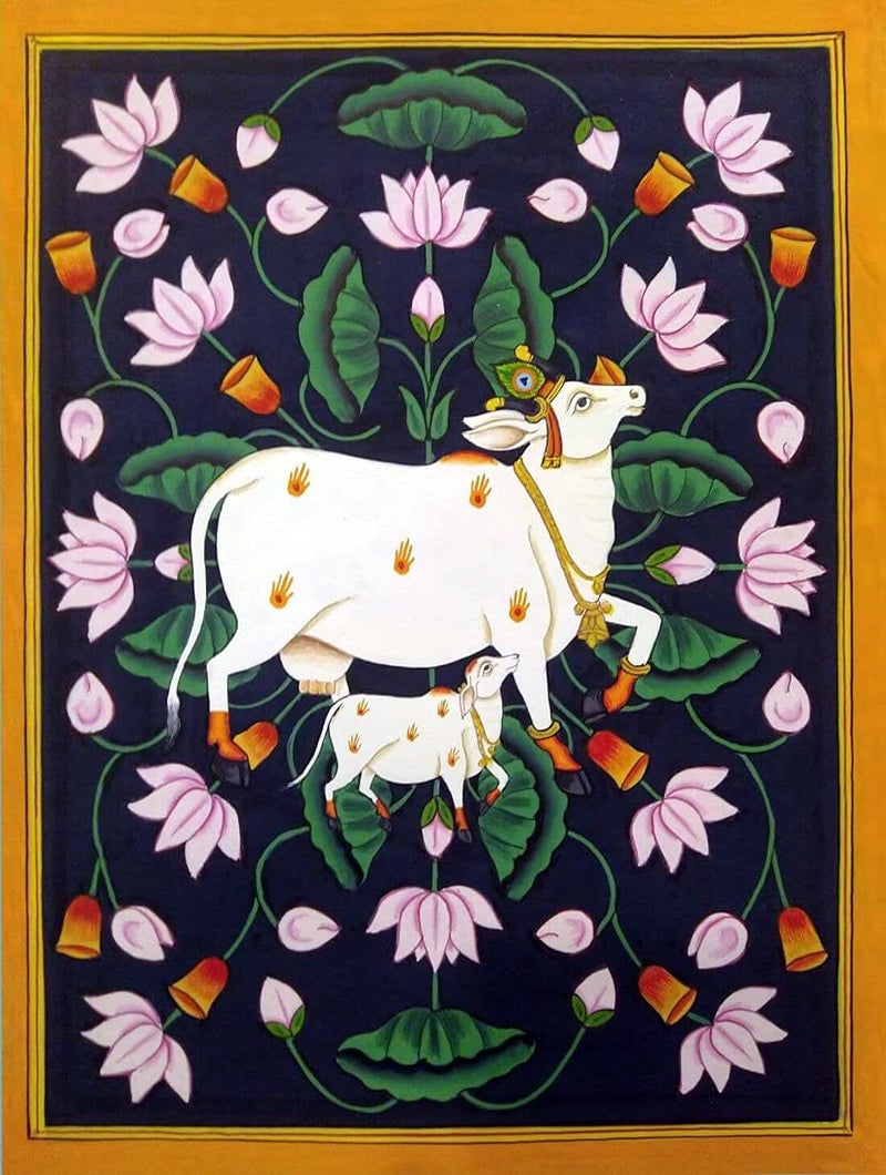 Tallenge Krsna Gopalas Cow With Calf Contemporary Pichwai Painting Small Poster Paper12x17 inches MultiColour