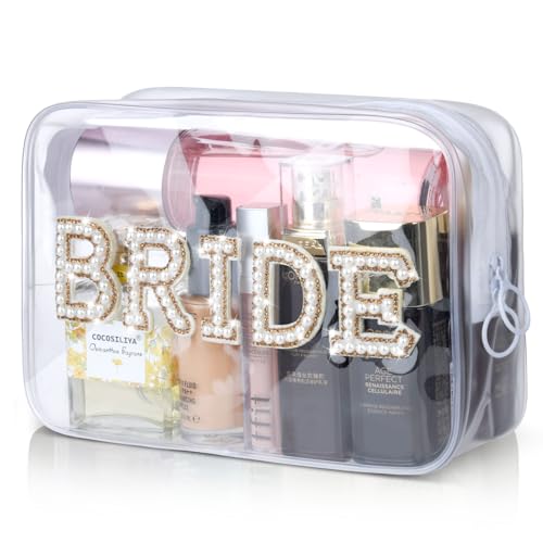 Etercycle Bride Clear Makeup Bag, Bridal Shower Gifts Engagement Cosmetic Bag, Bling Pearl Rhinestone Letter Patches Waterproof PVC Travel Organizer for Women Wedding Bachelorette Party (Gold) - Image 1