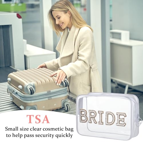 Etercycle Bride Clear Makeup Bag, Bridal Shower Gifts Engagement Cosmetic Bag, Bling Pearl Rhinestone Letter Patches Waterproof PVC Travel Organizer for Women Wedding Bachelorette Party (Gold) - Image 3