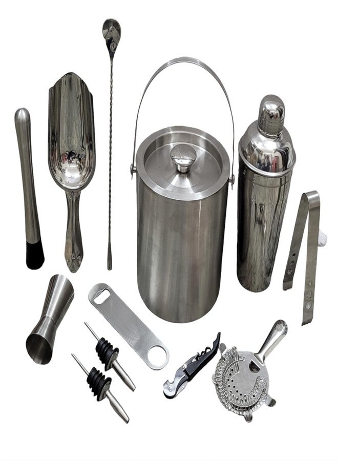 Proniks Stainless Steel Ice Bucket 1Litr Barware Kits and Bar Accessories in Pack of 14 in Silver Color with Barware Leather Case for Home, Bar and Mini Bar and for Cocktail and mocktail Parties - Image 1