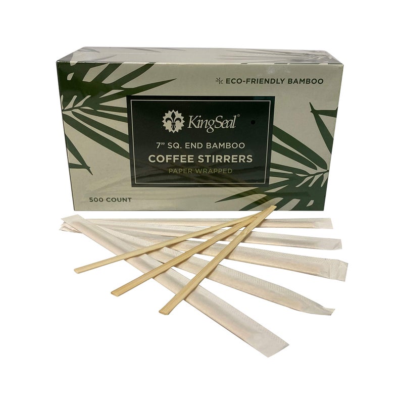 1000 Count  KingSeal Individually Paper Wrapped Bamboo Coffee Stir Sticks 7 inches Square End 100 Renewable and Biodegradable  2 Boxes x 500 Stirrers