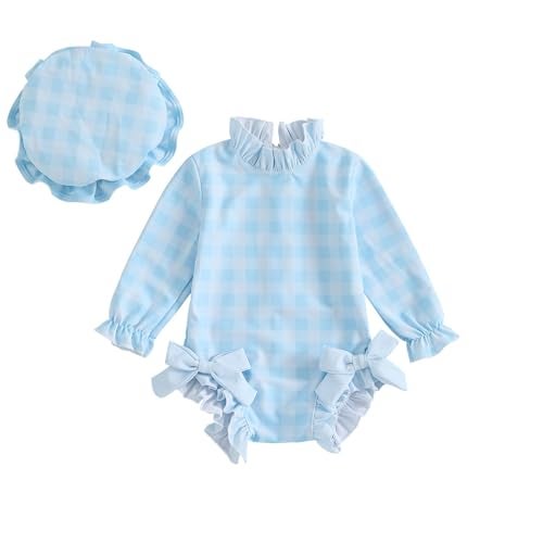 Socutebabe Baby Girl Swimsuit Baby Girls Long Sleeve One Piece Swimsuit Romper with Hat Bathing Suit Beach Rash Guard (aa-r-Blue, 6-12 Months) - Image 1