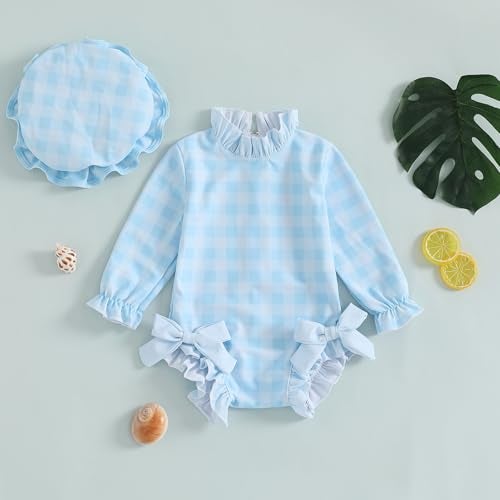 Socutebabe Baby Girl Swimsuit Baby Girls Long Sleeve One Piece Swimsuit Romper with Hat Bathing Suit Beach Rash Guard (aa-r-Blue, 6-12 Months) - Image 2