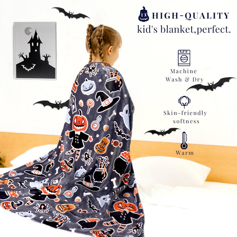 IMUKU Halloween Blanket Twin Size Soft Black Glowing Fall Pumpkin Throw Blanket Lightweight Fuzzy Grey Twin Bed Decoration Blanket for Bedroom Couch Sofa  - Image 4