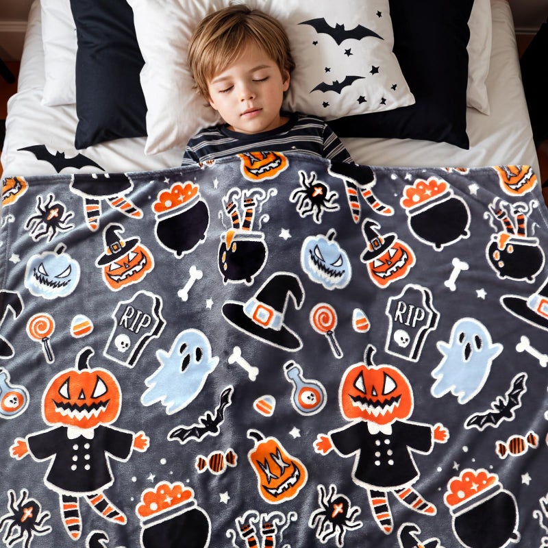 IMUKU Halloween Blanket Twin Size Soft Black Glowing Fall Pumpkin Throw Blanket Lightweight Fuzzy Grey Twin Bed Decoration Blanket for Bedroom Couch Sofa  - Image 2