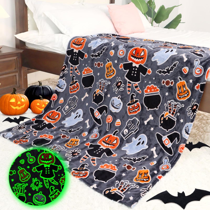 IMUKU Halloween Blanket Twin Size Soft Black Glowing Fall Pumpkin Throw Blanket Lightweight Fuzzy Grey Twin Bed Decoration Blanket for Bedroom Couch Sofa  - Image 1