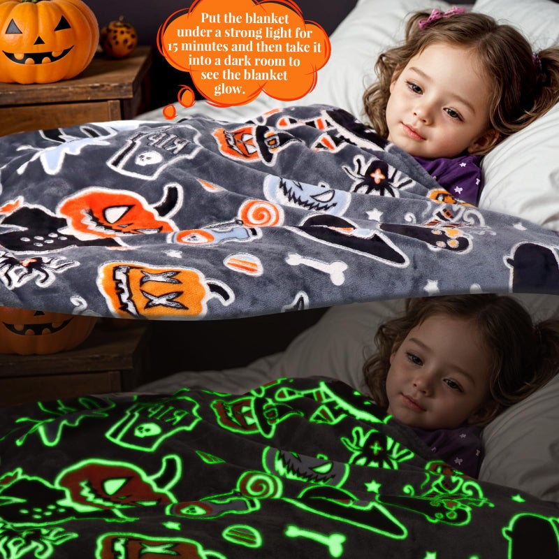 IMUKU Halloween Blanket Twin Size Soft Black Glowing Fall Pumpkin Throw Blanket Lightweight Fuzzy Grey Twin Bed Decoration Blanket for Bedroom Couch Sofa  - Image 3