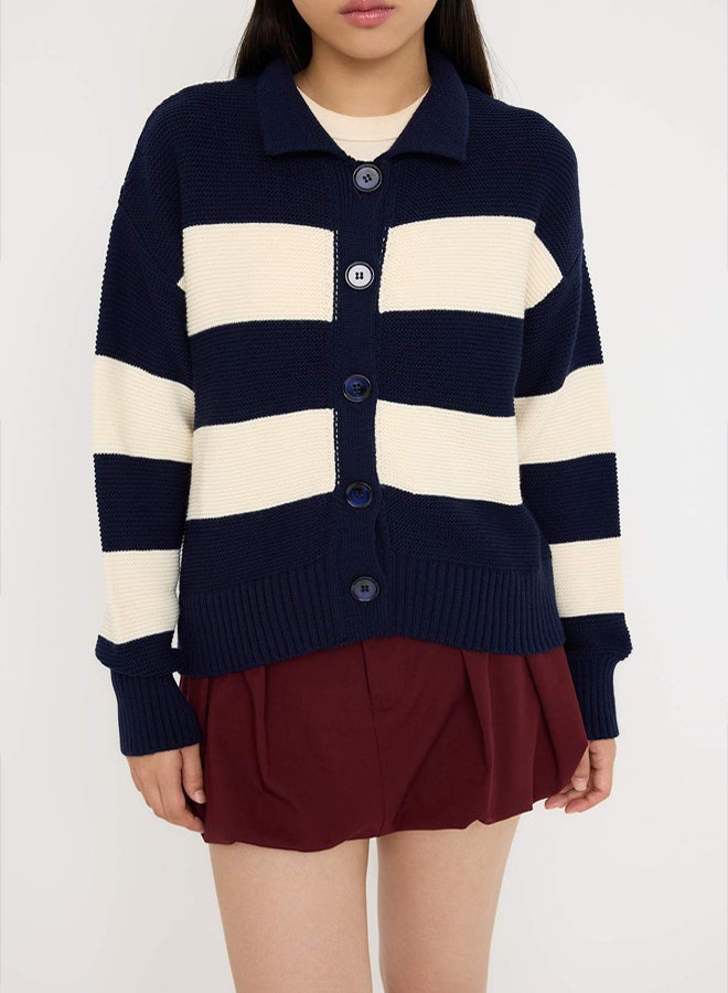trendyol Teen Navy Blue Striped Polo Neck Sweater Cardigan - Image 3