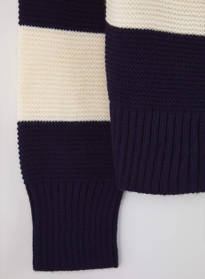 trendyol Teen Navy Blue Striped Polo Neck Sweater Cardigan - Image 5