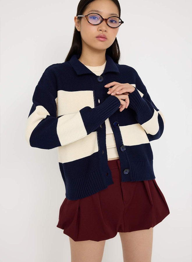 trendyol Teen Navy Blue Striped Polo Neck Sweater Cardigan - Image 1