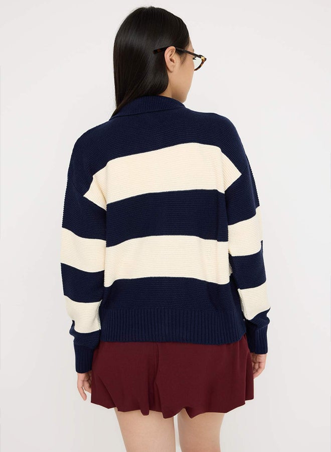 trendyol Teen Navy Blue Striped Polo Neck Sweater Cardigan - Image 4