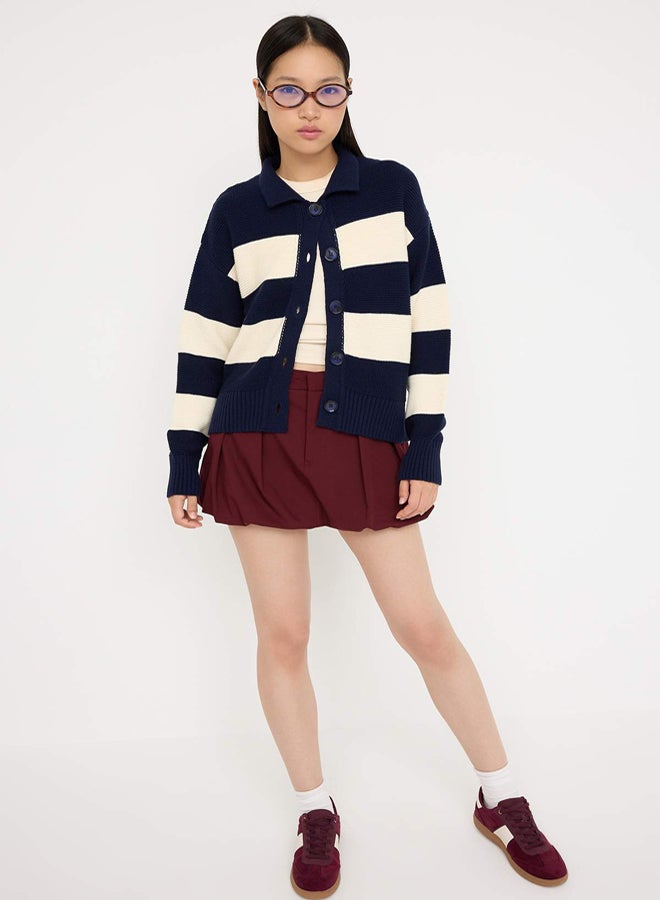 trendyol Teen Navy Blue Striped Polo Neck Sweater Cardigan - Image 2
