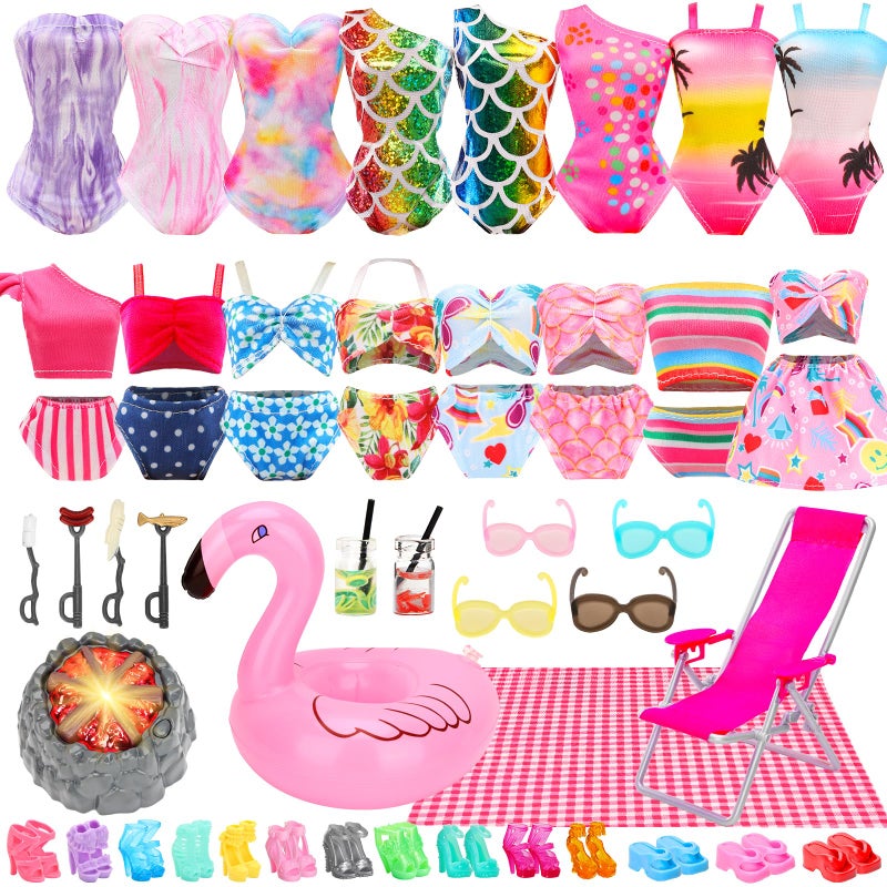 HONLAELLA 27 Pcs Doll Summer Doll Clothes Accessories Including 5 Swimsuits 8 Pairs of Shoes Beach Chair Bonfire Swim Ring Summer Accessories for 115 Inch Girl Dolls Playset - Image 3