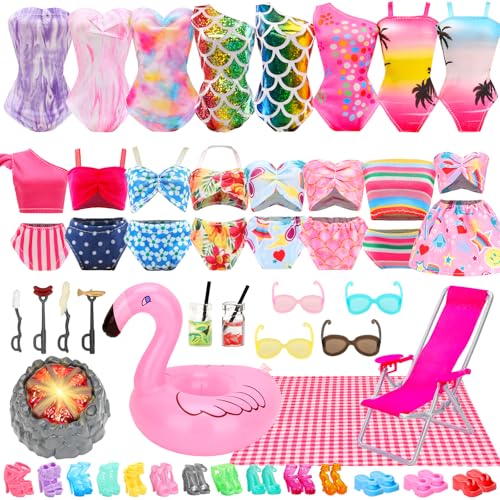 HONLAELLA 27 Pcs Doll Summer Doll Clothes Accessories Including 5 Swimsuits 8 Pairs of Shoes Beach Chair Bonfire Swim Ring Summer Accessories for 115 Inch Girl Dolls Playset - Image 1