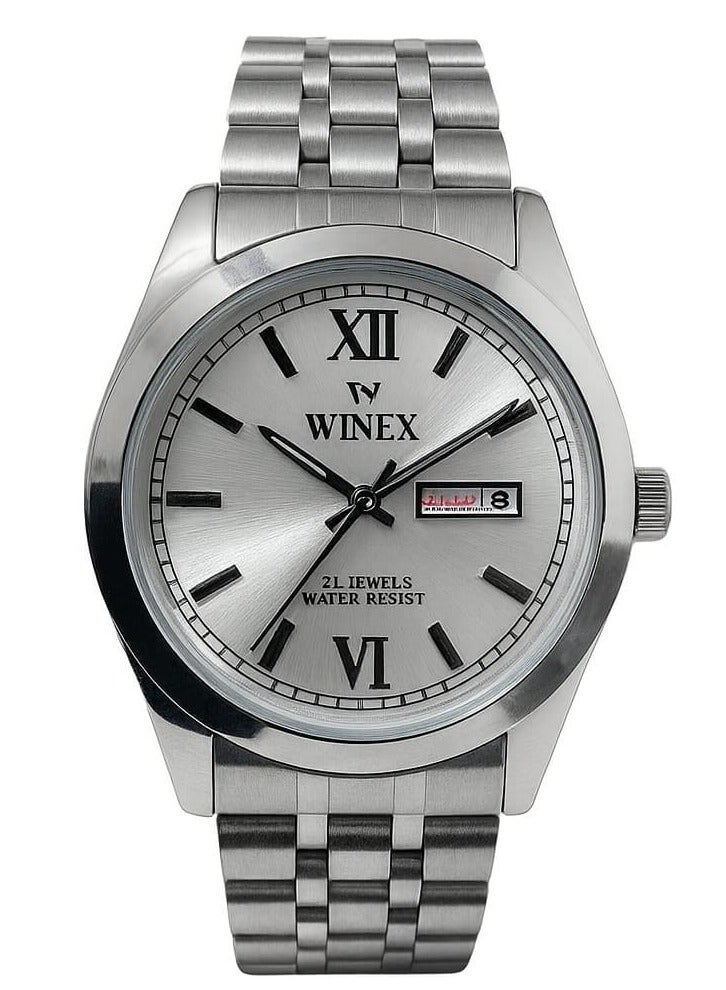 وينكس ساعة رجالية أنالوج مرصعة بـ 21 جوهرة - مينا فضية، أرقام رومانية، عرض التاريخ واليوم، مصنوعة من الفولاذ المقاوم للصدأ، مقاومة للماء - Image 3