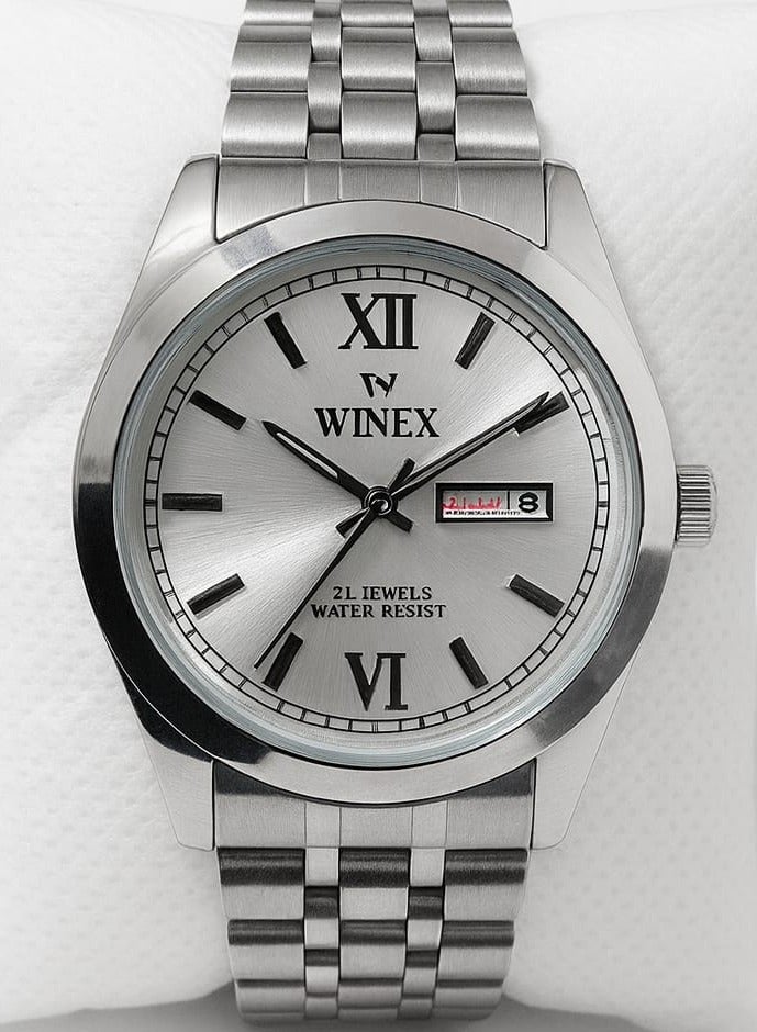وينكس ساعة رجالية أنالوج مرصعة بـ 21 جوهرة - مينا فضية، أرقام رومانية، عرض التاريخ واليوم، مصنوعة من الفولاذ المقاوم للصدأ، مقاومة للماء - Image 2