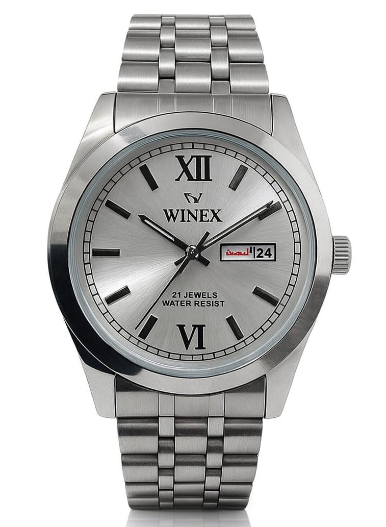 وينكس ساعة رجالية أنالوج مرصعة بـ 21 جوهرة - مينا فضية، أرقام رومانية، عرض التاريخ واليوم، مصنوعة من الفولاذ المقاوم للصدأ، مقاومة للماء - Image 1