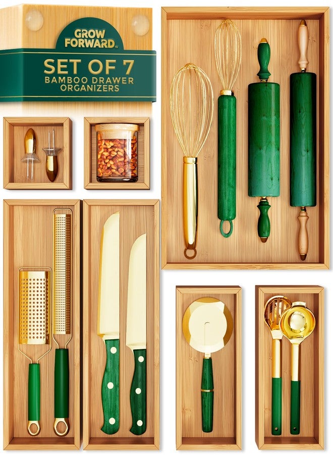 Grow Forward Bamboo Drawer Organizer Boxes - Set of 7 Wooden Drawer Organizers for Kitchen, Bathroom, Office, Desk, Vanity, Makeup - Non-Slip Junk Drawer Organizer Trays for Storage and Organization - Image 1