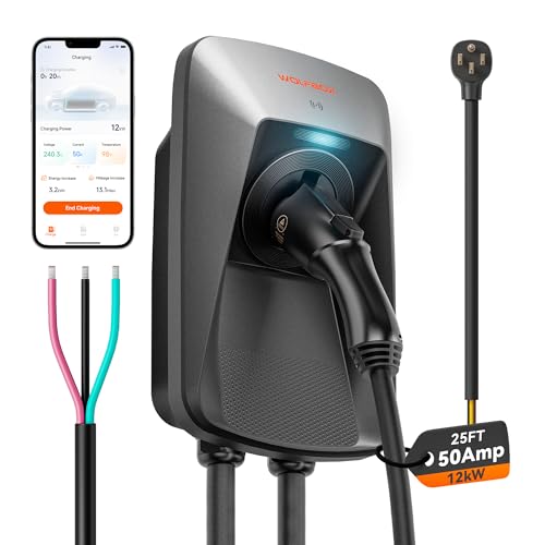 WOLFBOX Level 2 EV Charger 50 Amp J1772,Hardwired EV Charger Level 2 with NEMA 14-50 Plug 25ft Cable,Indoor/Outdoor,Smart APP&RFID Card Control,240V Electric Car Charger for Electric Automobile(WE50) - Image 1