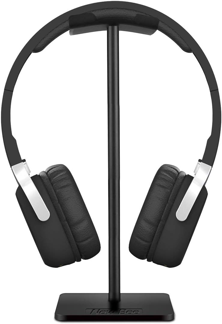 New bee Headphone Stand Headset Holder Earphone Stand with Aluminum Supporting Bar Flexible Headrest ABS Solid Base for All Headphones Size (Black) - Image 1