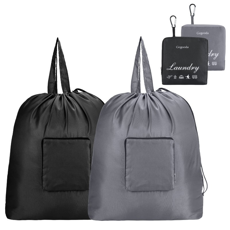 GOGOODA Travel Laundry Bags with Drawstring Closure XL Large Foldable Dirty Clothes bags with Handle Heavy Duty and Washable for College Dorm Travelling Camping, 2 Pack, Black & Grey - Image 1