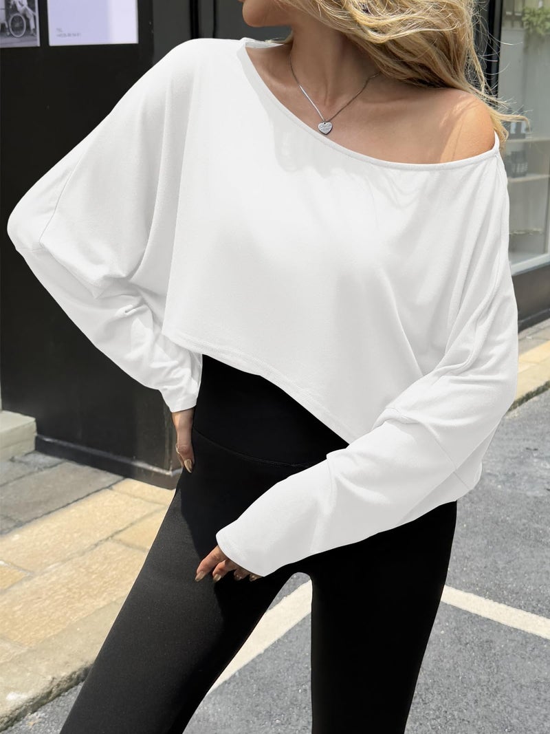 Fisoew Womens Off The Shoulder Cropped Tops Batwing Long Sleeve Loose Fit Summer Boat Neck Workout T Shirts White - Image 2