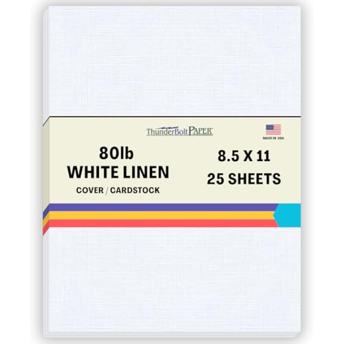 ThunderBolt Paper 25 Bright White Linen 80# Cover Paper Sheets - 8.5" X 11" (8.5X11 Inches) Standard Letter|Flyer Size - 80 lb/pound Card Weight - Fine Linen Textured Finish Cardstock - Image 1