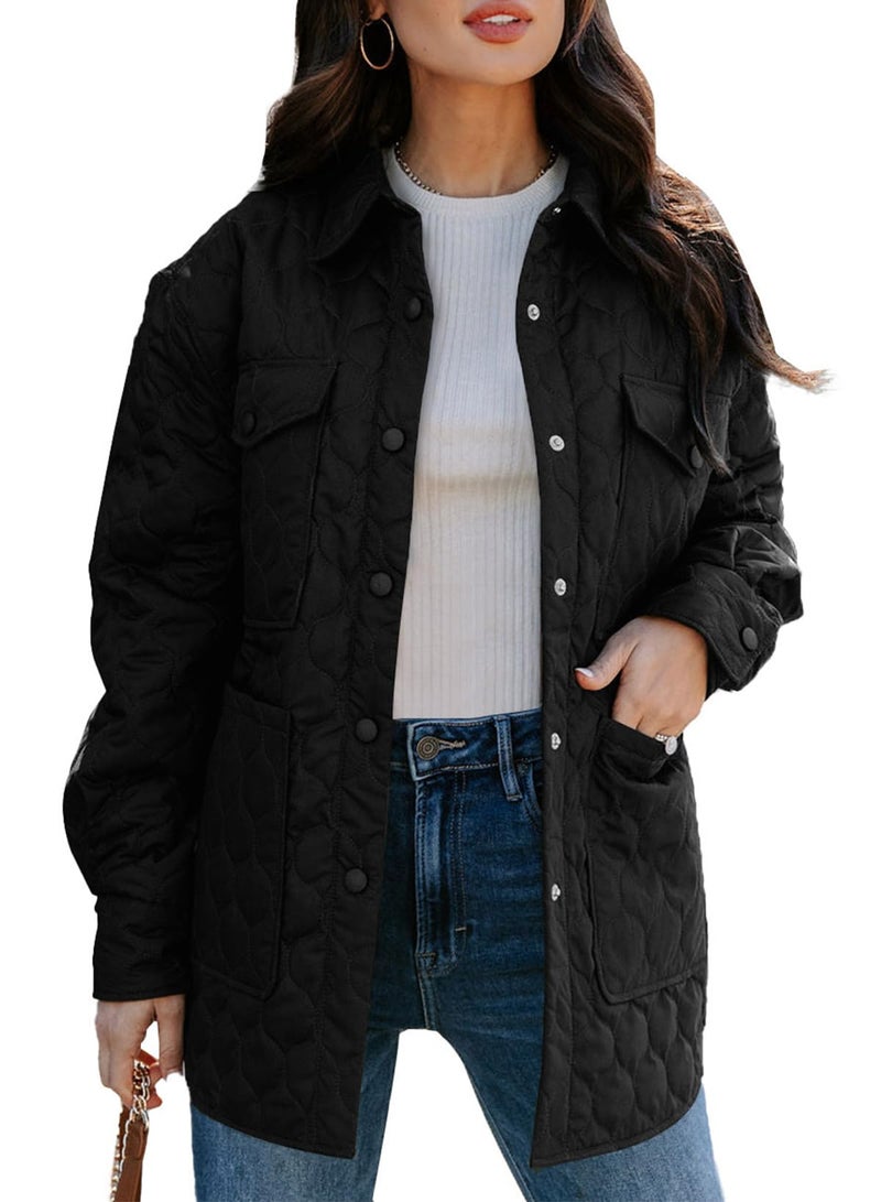 EVALESS Diamond Quilted Jackets for Women Lightweight Collar Long Sleeve Button Down Puffer Jacket Fall 2025 Coat Outerwear with Pockets Black Medium