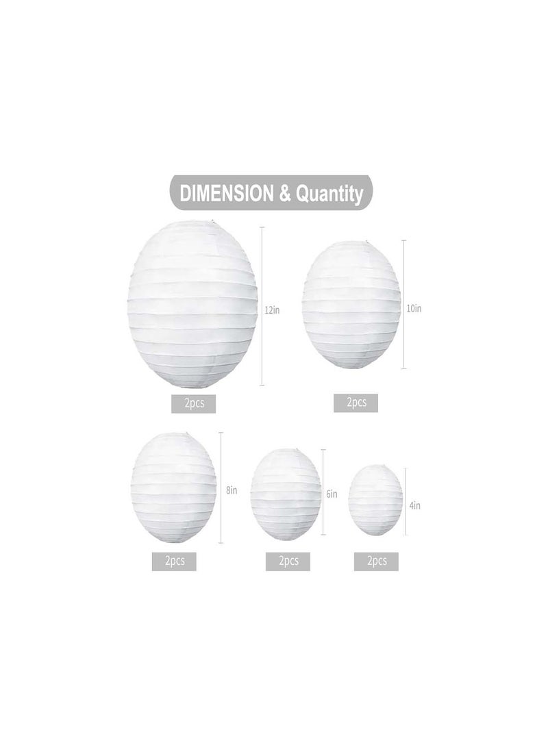 SYOSI Paper Lanterns, Chinese, Japanese Paper Lanterns, 10Pcs White Decorative Hanging Round Paper Lanterns Lamp for Birthday, Wedding, , Bridal Shower, Home Decor, Party(Size of 4”, 6”, 8”, 10”)  - Image 2