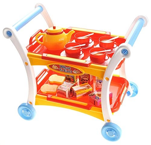 PowerTRC Tea Set Toy for Little Girls Tea Trolley Cart w Tea Pots Cups Accessories Tea Party Kitchen Pretend Play Set Gifts for Kids Toddlers Toys - Image 1