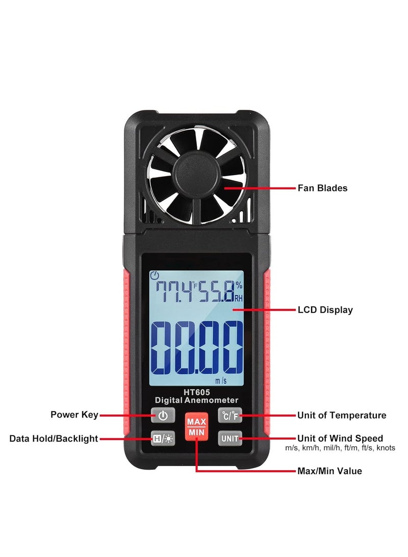 SYOSI Handheld Anemometer, Digital Wind Gauges Wind Speed Meter Measures Wind Speed, Temperature, Humidity with Large Backlit LCD Display, MAX/MIN, Data Hold for Shooting Windsurfing Fishing Hunting HT605 - Image 3