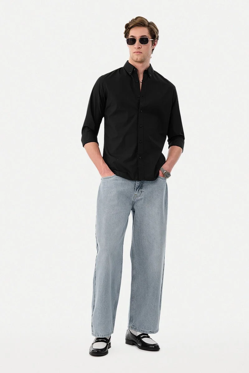 سنيتش Black Solid Long Sleeve Slim Fit Shirt