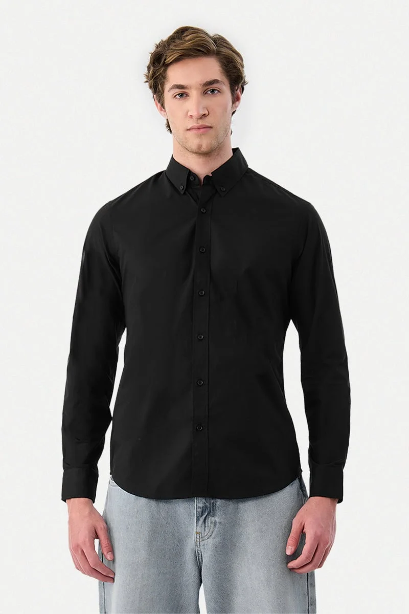 سنيتش Black Solid Long Sleeve Slim Fit Shirt