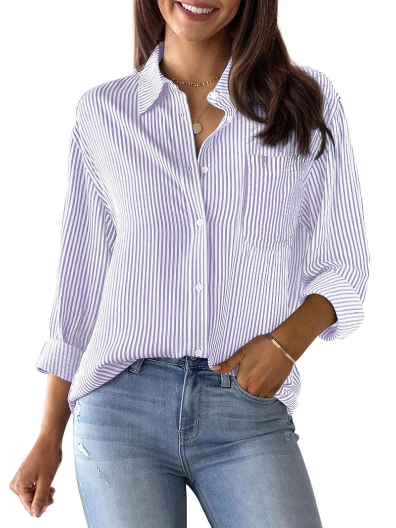 Button Down Shirts for Women Striped Dress Shirts Long Sleeve Collared Cotton Blouses Work Business Casual TopsPurple and White L