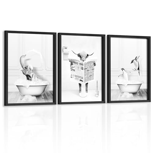 Heiple Set of 3 Framed Funny Animal Wall Art Penguin Cow Elephant for Humorous Bathroom Decor