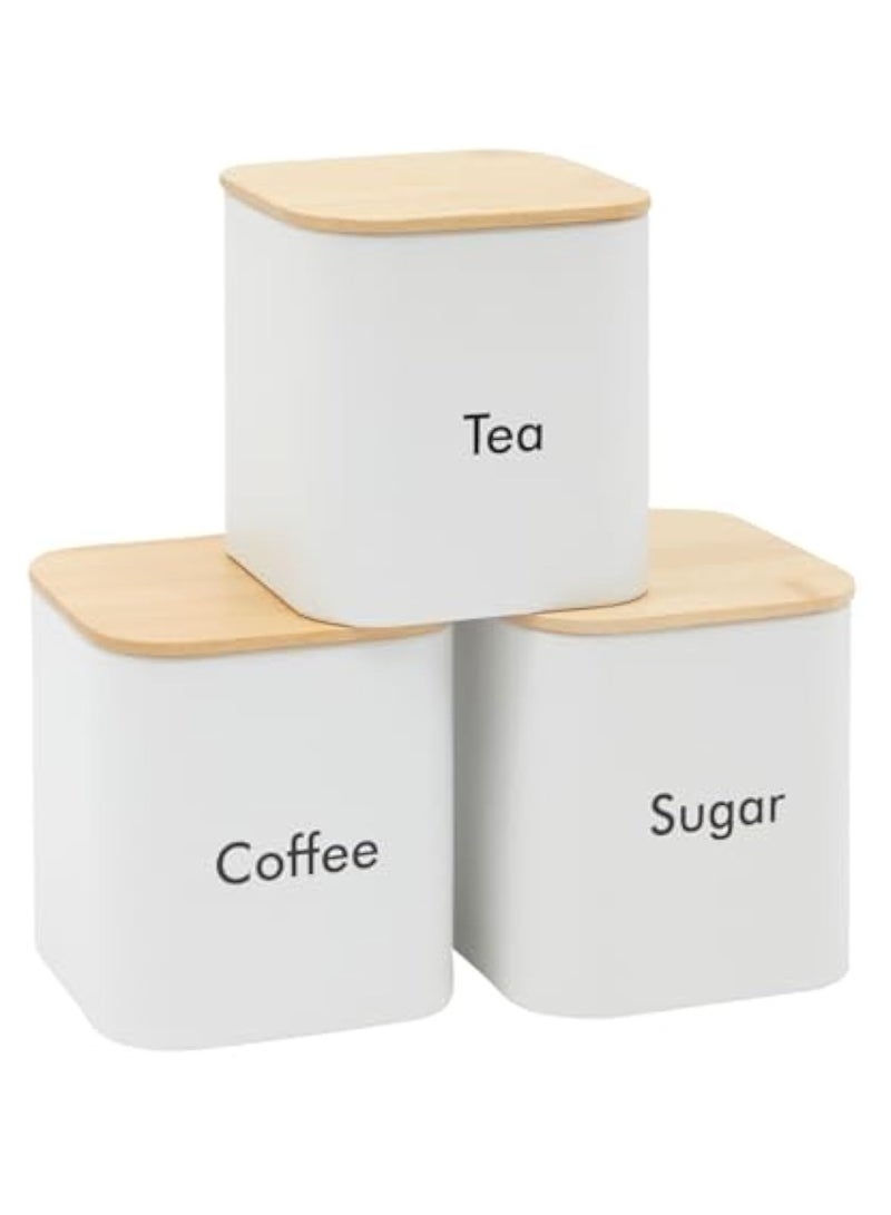 Arabest طقم حاويات القهوة والشاي والسكر - طقم حاويات مطبخ من الحديد الأبيض مع أغطية من الخيزران (3 قطع، 48 أونصة) - Image 1