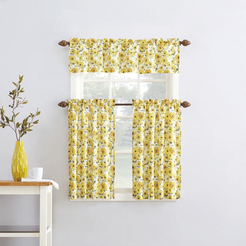 No. 918 Sunbeam Sunflower Print Semi-Sheer Rod Pocket Kitchen Curtain Valance and Tiers Set, 54" x 24", Yellow - Image 4