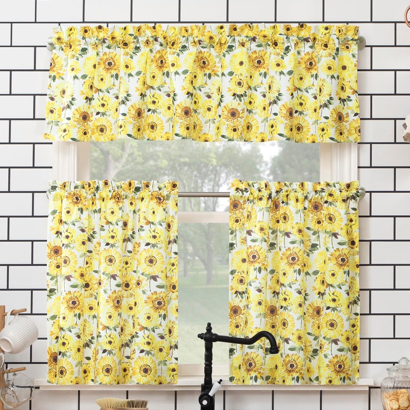 No. 918 Sunbeam Sunflower Print Semi-Sheer Rod Pocket Kitchen Curtain Valance and Tiers Set, 54" x 24", Yellow - Image 1