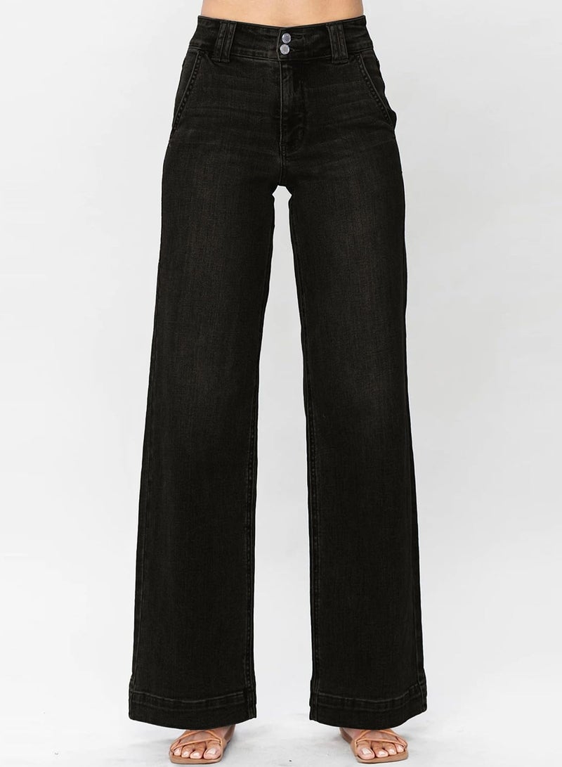 Astylish Wide Leg Pants Woman Trendy High Waisted Straight Jeans Loose Denim Pants Stretchy Double Buttoned Baggy Trouser 2025 Fall with Slanted Pockets Size 12 Black - Image 4