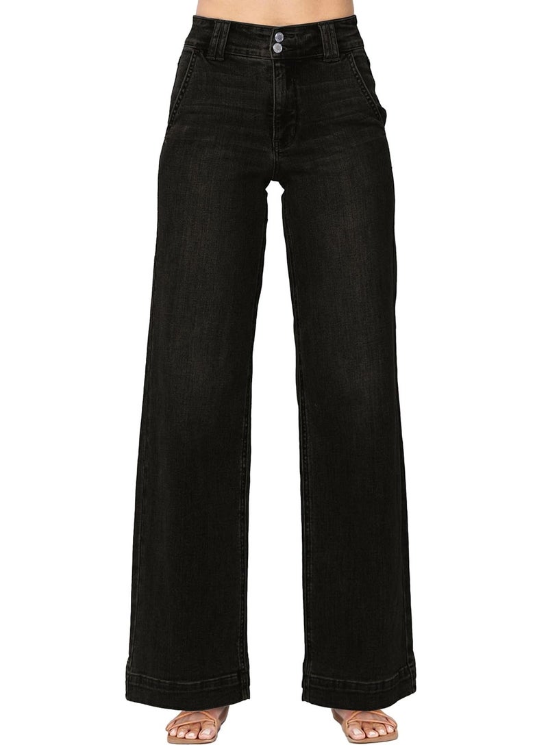 Astylish Wide Leg Pants Woman Trendy High Waisted Straight Jeans Loose Denim Pants Stretchy Double Buttoned Baggy Trouser 2025 Fall with Slanted Pockets Size 12 Black - Image 1