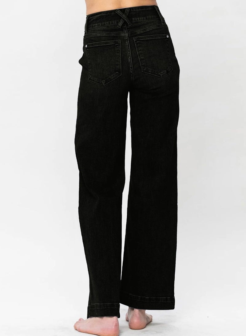 Astylish Wide Leg Pants Woman Trendy High Waisted Straight Jeans Loose Denim Pants Stretchy Double Buttoned Baggy Trouser 2025 Fall with Slanted Pockets Size 12 Black - Image 3