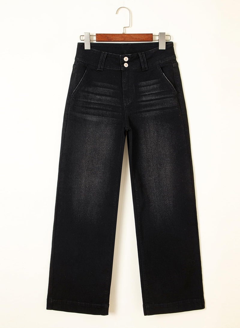 Astylish Wide Leg Pants Woman Trendy High Waisted Straight Jeans Loose Denim Pants Stretchy Double Buttoned Baggy Trouser 2025 Fall with Slanted Pockets Size 12 Black - Image 5
