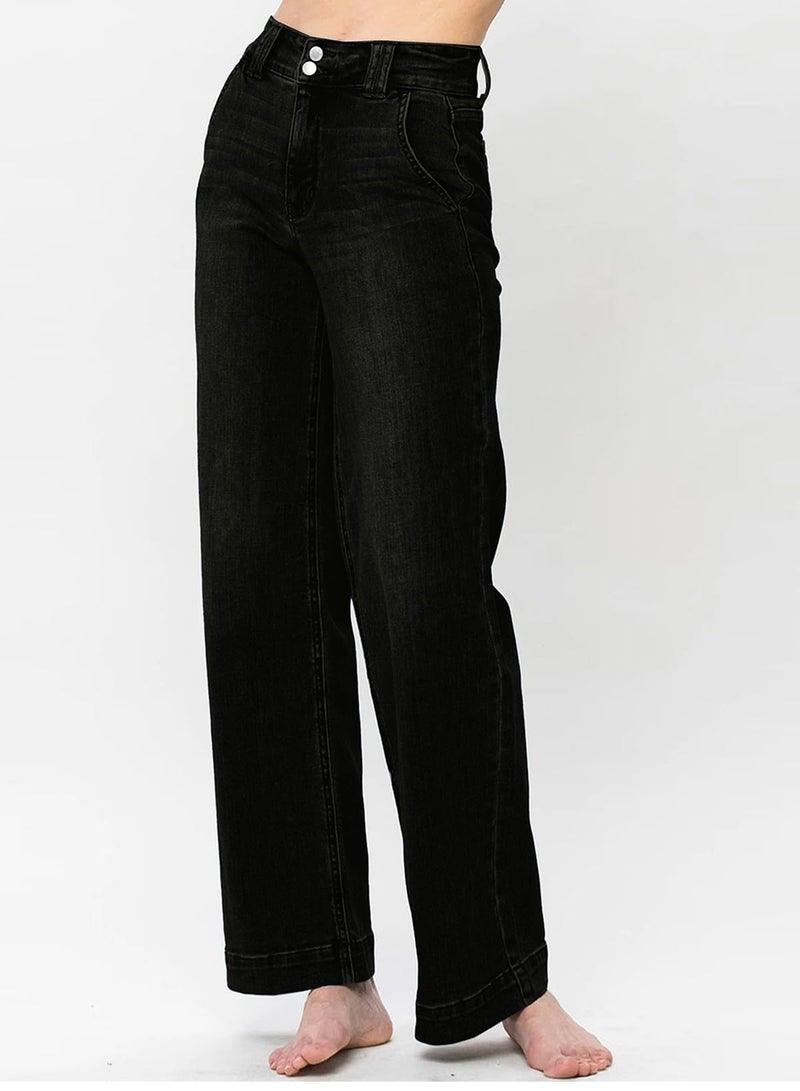 Astylish Wide Leg Pants Woman Trendy High Waisted Straight Jeans Loose Denim Pants Stretchy Double Buttoned Baggy Trouser 2025 Fall with Slanted Pockets Size 12 Black - Image 2