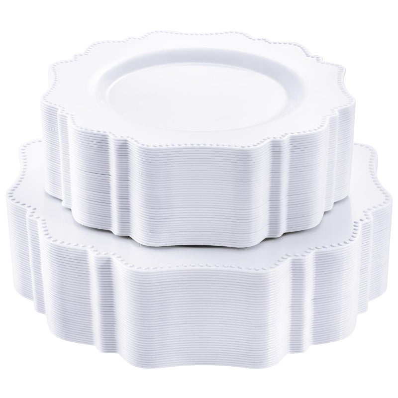 COLOSUS 100pcs White Disposable Plastic PlateHeavy duty plate for PartyWeddinganniversary 50 dinner plates and 50 dessertsalad plates