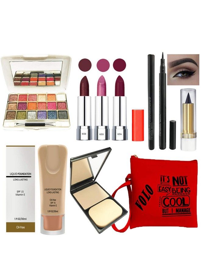 Volo Stylish Beauty Combo Makeup Set (3 Pcs Lipsticks1 Eye Shadow 1 Foundation1 Eyeliner 1 Compact 1 Kajal 1 Pouch) Set Of 9 Pcs C8 (Multicolor) Semimatte Finish - Image 2
